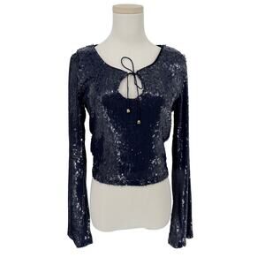 Wild Fable Navy Blue Sequin Crop Shirt Long Sleeve Women’s S Going Out Top